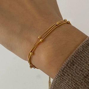 Three-layer 18k gold plated stainless steel beaded snake chain bracelet for women