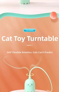 Detail of mint green electric cat toy featuring 360-degree rotating wand and cute emoji