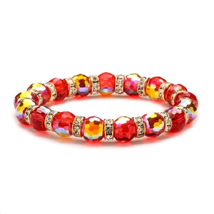 Sparkling 10mm red faceted crystal glass bead bracelet with gold rhinestone spacers