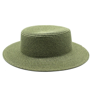 Flat top grass green straw hat with woven texture for summer beach sun protection