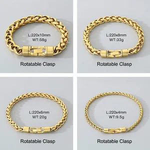 Golden stainless steel wheat link bracelet with rotatable clasp in four different widths