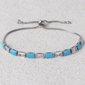 Adjustable silver chain bracelet with turquoise and clear rectangular zircon stones