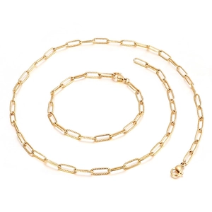 Stainless Steel Paperclip Link Chain Necklace And Bracelet Textured Rectangular Minimalist Hip Hop Fashion Jewelry