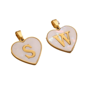 Golden heart-shaped pendants with shell inlay and metallic letters S and W