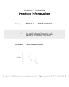 Detail specifications of copper and zircon necklace showing 45cm length and 9.3g weight