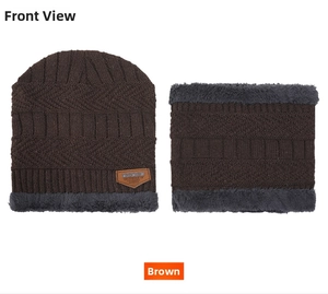 Detail of brown knitted hat and neck warmer set with warm grey faux fur lining