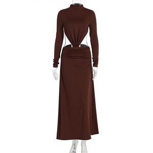 Detail of waist cut-out and twisted knot design on this brown bodycon maxi dress