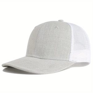 Side view of gray and white mesh trucker hat showing breathable back and curved visor