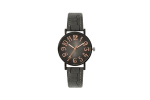 Detail of grey quartz watch dial with rose gold numerals and crocodile leather strap
