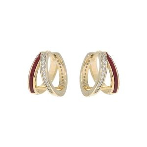 Gold-plated earrings featuring red enamel and pavé zircon stones in a sleek double loop design