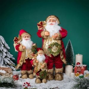 Figurine Père Noël Poupée Noël Peluche Ornement Festif Rouge Or Velours Avec Sac Cadeau Couronne Décoration Bureau Maison
