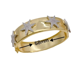 Gold-plated cuff bracelet featuring sparkling zircon-set star charms with 58mm diameter
