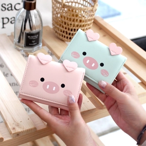 Women Cartoon Pig Short Wallet PU Leather Tri-fold Heart Ear Student Cute Animal Print Card Holder Cash Pocket