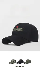 Detail of embroidered star and wings design on a camouflage military-style baseball cap
