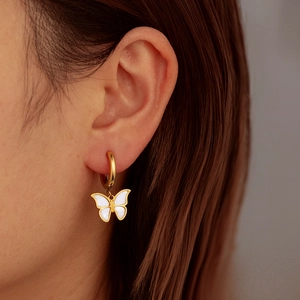 Elegant 18K gold plated stainless steel butterfly hoop earrings with white shell inlay