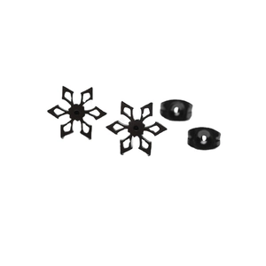 Minimalist black stainless steel snowflake stud earrings with a matte hollow design