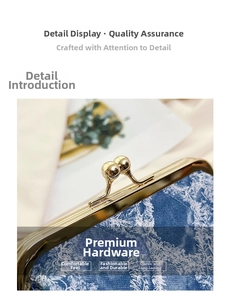 Detail of vintage gold kiss-lock clasp on blue denim bag with metallic ball design