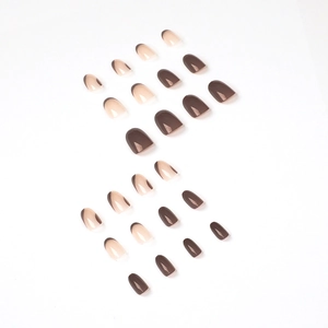 Coffee brown and nude French tip press-on nails with natural resin texture finish