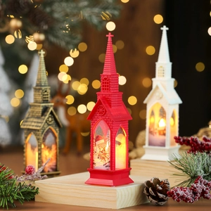 Christmas church lantern set with LED lights and holiday pine cone decoration
