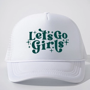 White trucker hat with green Let's Go Girls print and breathable mesh back panel
