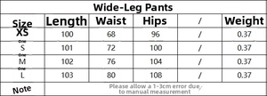 Tableau des tailles détaillé pour pantalon large en lin avec mesures du XS au L
