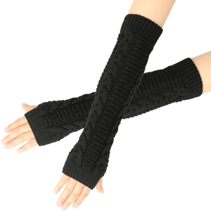 Long black knitted fingerless gloves with cable knit texture for winter warmth