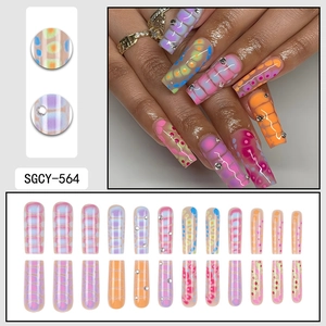 24pcs long coffin press on nails with water drop texture and rhinestones SGCY-564
