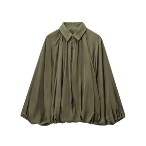 Olive green silk texture loose top with lapel collar and zip-up detail for women