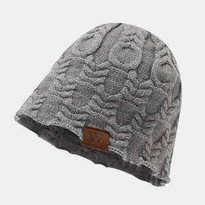 Bonnet en maille grise avec étiquette en cuir W, bonnet d'hiver texturé pour tous