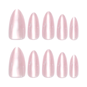 Short almond press-on nails with cat-eye pink pearl finish and satin shimmer effect