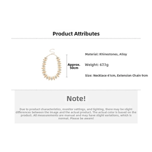 Detailed spec sheet showing Bohemian rhinestone alloy necklace size 41cm plus 9cm chain