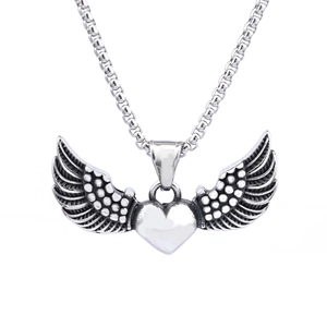 Gothic wings and heart pendant on box chain made of polished stainless steel metal