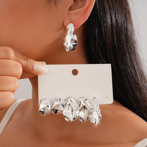 6-piece set of minimalist irregular liquid metal silver studs earrings for women