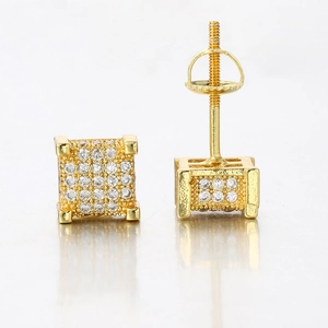 Macro detail of gold square stud earrings with zircons and screw back mechanism