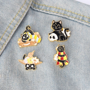 Magic Black Cat Enamel Brooch Pin Set Cartoon Animal Witch Hat Skull Suitcase Alloy Badge For Clothes Backpack Accessories