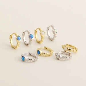 Elegant S925 silver hoop earrings with blue and white opal stones in gold and silver finish