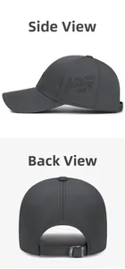 Detail view showing laser-cut ventilation holes and metal buckle of dark gray baseball cap