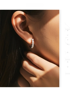 Close-up of S925 sterling silver hoop earrings with shimmering VVS1 moissanite stones