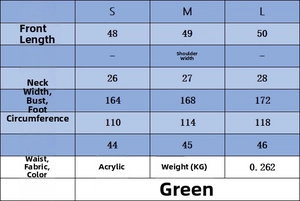 Detailed size chart for the green colorblock embroidered acrylic knitted sweater