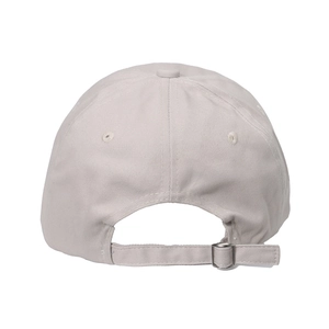 Back view of a beige cotton baseball cap featuring an adjustable metal buckle strap