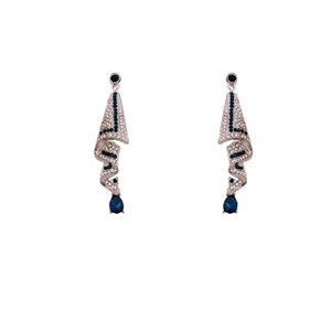 Silver drop geometric earrings with blue crystals and paved diamonds for women