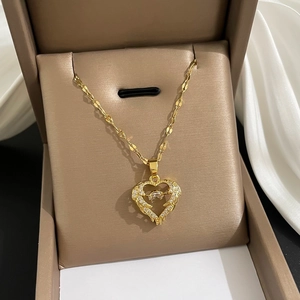 Heart Angel Wings Pendant Necklace Copper Zircon Inlay Stainless Steel Chain Gold Plated Clavicle Jewelry For Women