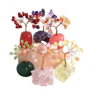Set of 7 healing crystal money trees with natural stone base and copper wire branches