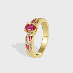 Vintage Oval Red Zircon Ring For Women Gold Plated Copper With Micro Inlaid White Zircons Geometric Fashion Jewelry