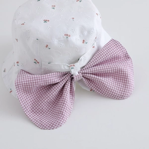 Kids white bucket hat with cherry embroidery and pink plaid bow for sun protection