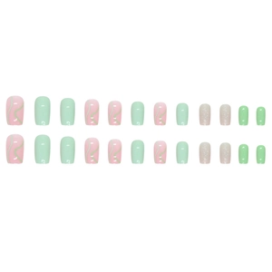 Short square press-on nails with green glitter waves and emerald glossy finish
