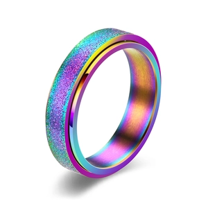 Macro detail of rainbow stainless steel spinner ring with fine sandblasted matte texture