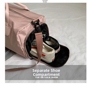 Detail view of pink gym bag featuring a dedicated ventilated shoe compartment for sneakers