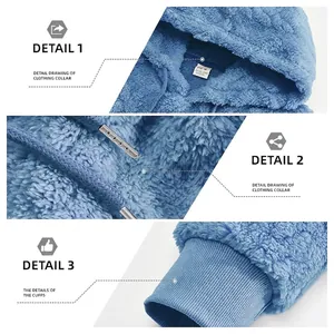 Blue teddy fleece hoodie for men with hood details, metal tip drawstrings and ribbed cuffs