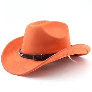 Classic orange faux suede western cowboy hat with black leather band and metal buckle